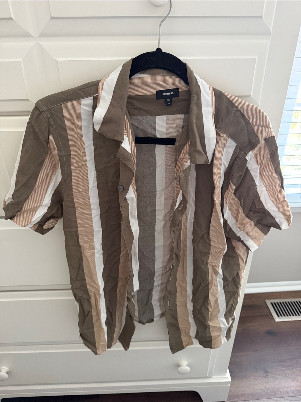 Express Neutral Striped Camp-Collar Shirt — Brown, Tan & White